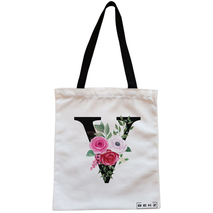 Vászon női hordtáska, V betűvel és rózsákkal, 38x34,5 cm, fehér, BEKZ