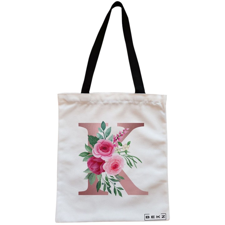 Vászon női hordtáska, K betűvel Rose Gold és Roses, 38x34,5 cm, fehér, BEKZ
