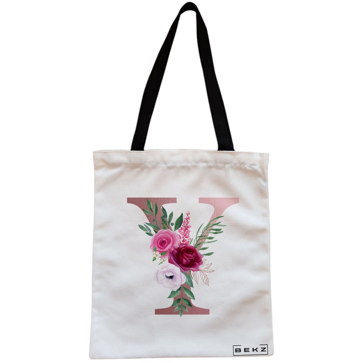 Vászon női hordtáska, Y betűvel rózsaarany és rózsák, 38x34,5 cm, fehér, BEKZ