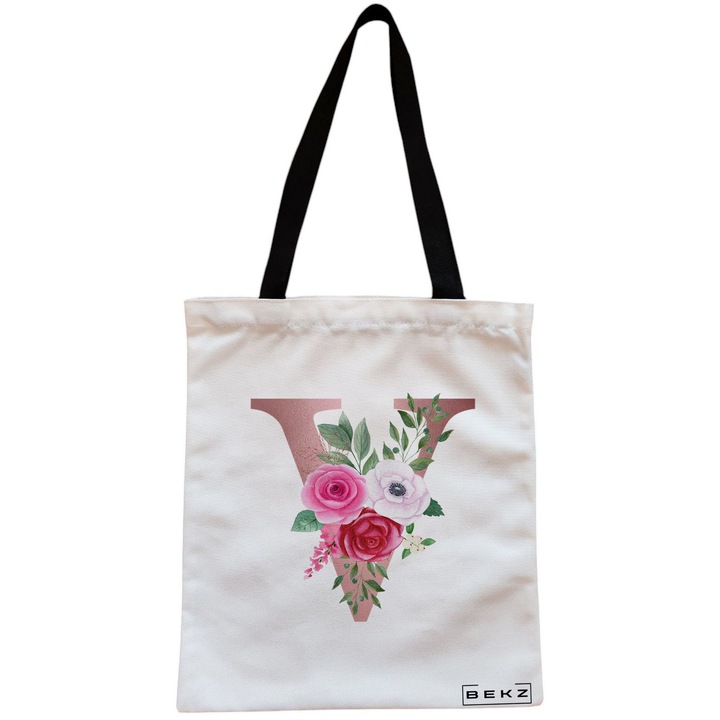 Vászon női hordtáska, Rose Gold V betűvel és rózsákkal, 38x34,5 cm, fehér, BEKZ