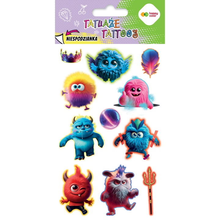 Happy Color Monsters ideiglenes tetoválások, többszínű, 10x20 cm, mosható tetoválás szett