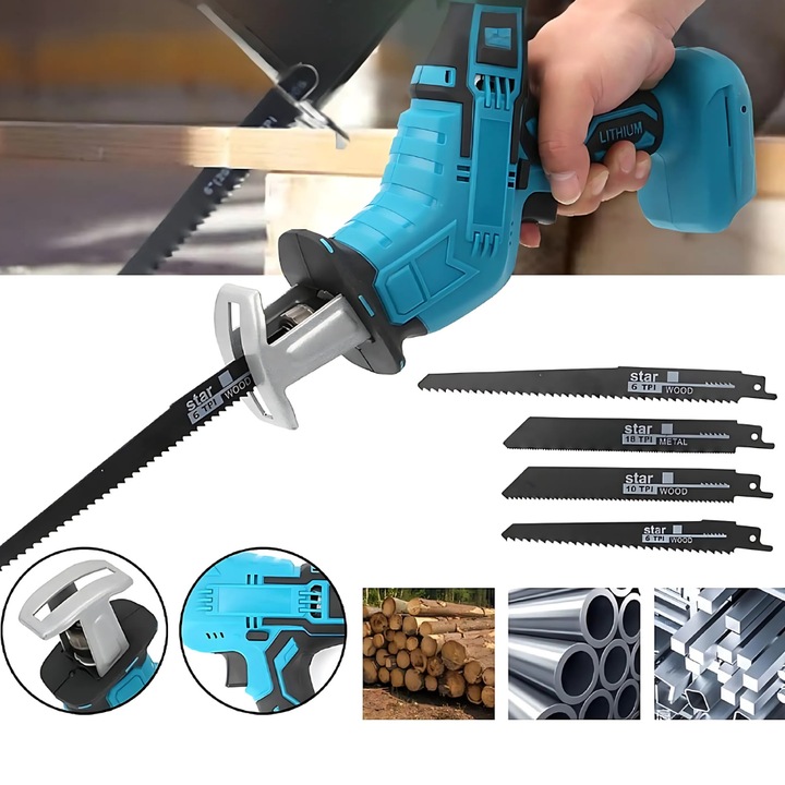 Fierastrau Tip Sabie EMATTERIO ®, Cu 2 Acumulatori 48V, 5000 mAh, Mandrina Autoblocanta, 4 Bucati Panza Diferite Modele, Valiza Compacta De Transport, Albastru