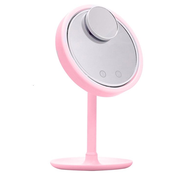 FanLight sminktükör LED-del, ventilátor és érintés funkcióval és mini tükör tapadókorongokkal, hordozható 5X-es nagyítási funkcióval, rózsaszín, Doty®