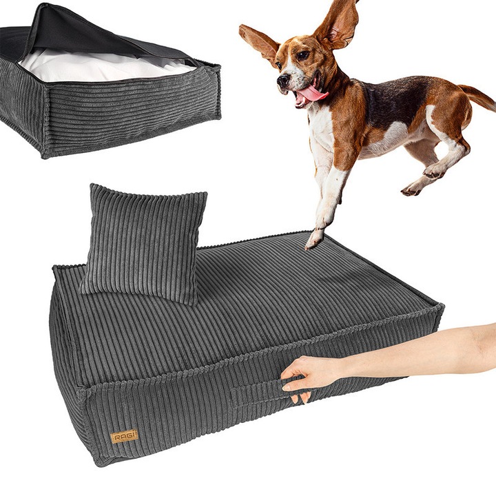 Patut pisici si caini, RAGI, gri inchis, moale cu maner si perna, 80x60x16cm