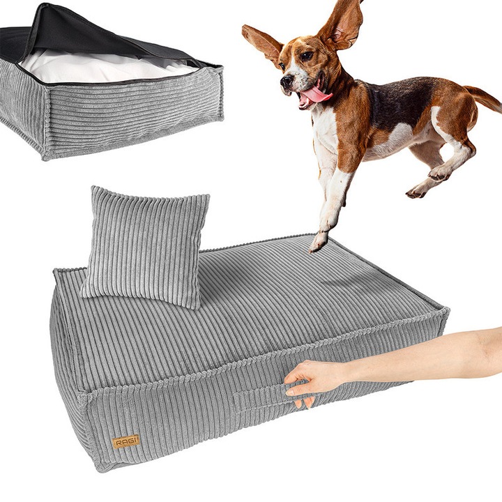 Patut pisici si caini, RAGI, gri, moale cu maner si perna, 80x60x16cm