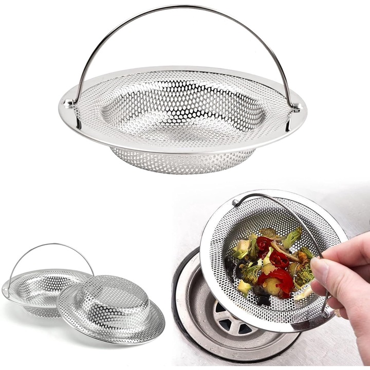 Set Sita Inox pentru Chiuveta, 3 bucati, pentru Protectie Anti Infundare Sifon, cu maner inclus, usor de instalat si de utilizat, Inox, Argintiu