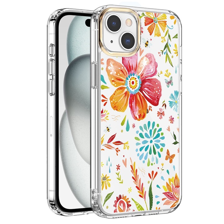 Husa pentru Apple iPhone 13, Wild Floral, Protectie de Nivel Militar, Margini Intarite, TPU Rezistent, Decupaje Precise, Material Anti-Ingalbenire, Anti-Soc, Impotriva Zgarieturilor, Ultra-Slim, Portocaliu / Transparent
