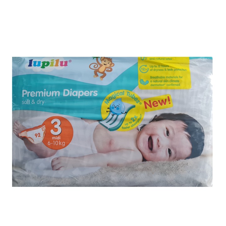 Scutece Lupilu Big Pack, 6-10 kg, Marimea 3, Fast Dry 92 bucati