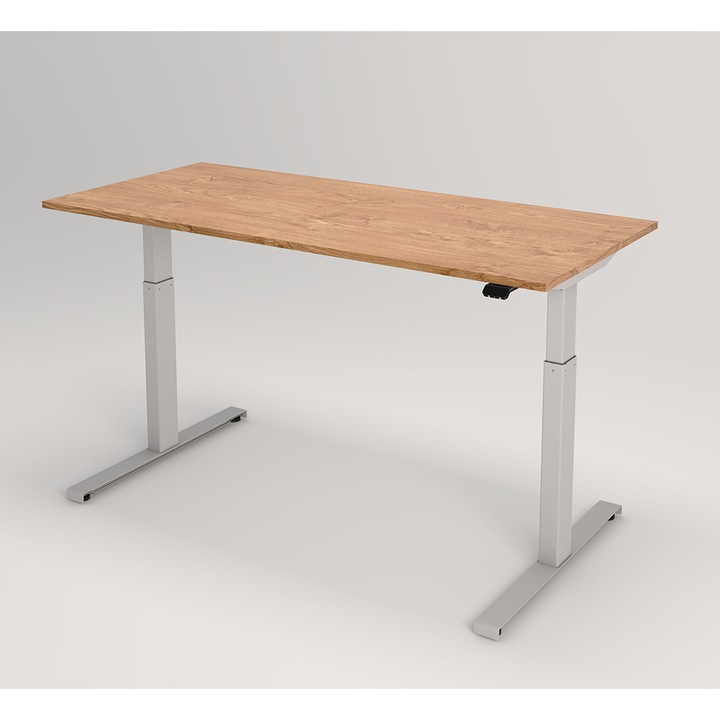 Birou cu inaltime reglabila ActivDesk, blat 65x120 cm, 2 motoare, functie de memorie, control electric si aplicatie mobila, senzor anticoliziune, Stejar deschis, cadru metalic alb