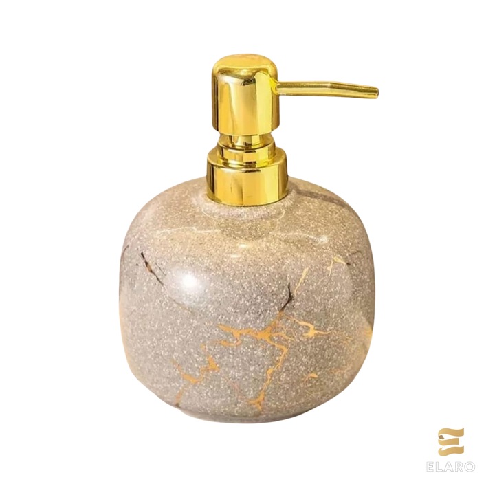 Dispenser Sapun Lichid ELARO cu Aspect Marmorat, Capacitate 300 ml, Design Elegant cu Pompa Aurie, Ceramica Premium, 15 x 11 cm, Gri cu Insertii Aurii
