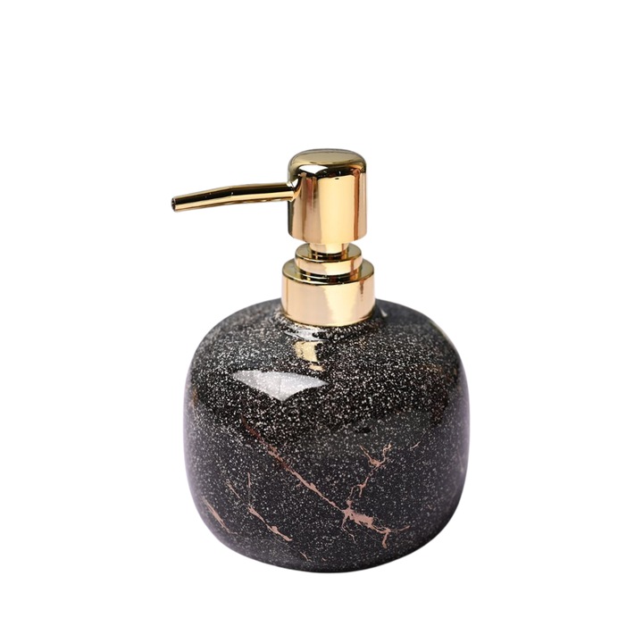 Márványos folyékony szappanadagoló, 300 ml-es űrtartalom, elegáns kivitel arany pumpával, prémium kerámia, 15 x 11 cm, fekete arany betétekkel