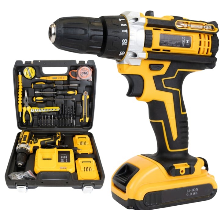 Masina De Gaurit Si Insurubat EMATTERIO® Cu Percutie, Autofiletanta, 30 Accesorii, 2 Acumulatori, 48V 8.0 Ah, 500W, Statie Incarcare, Valiza Transport, Design Modern, Galben/Negru