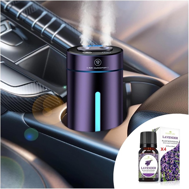 Difuzor Auto Aromaterapie, Umidificator De Aer, Odorizant Auto, Umidificator de aer Ultrasonic, 7 Lumini LED，Senzor AI Inteligent, Carcasa Metalica, Gratuit 4*10ml uleiuri esentiale， pentru masina sau birou， violet