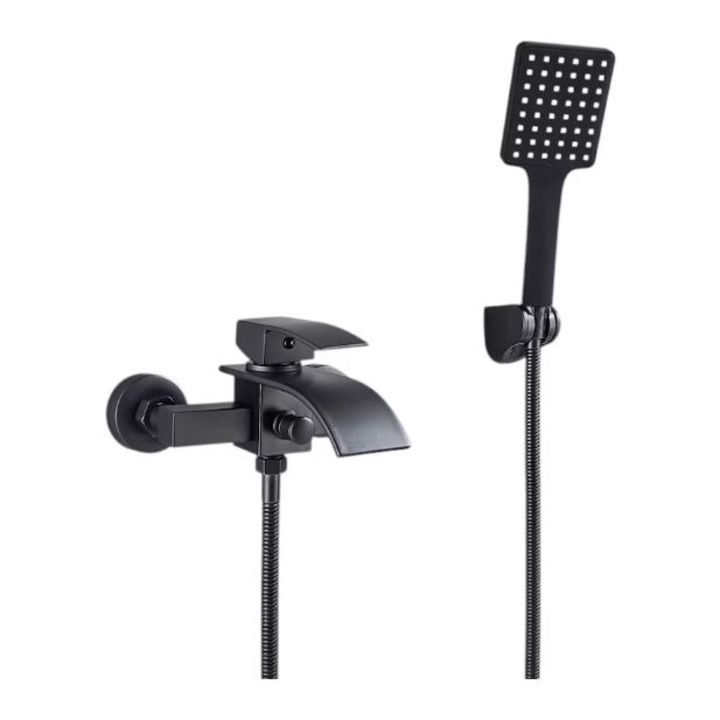 Baterie de Dus Baie, Culoare Negru Mat, Pipa Cascada, 2 Functii de Curgere
