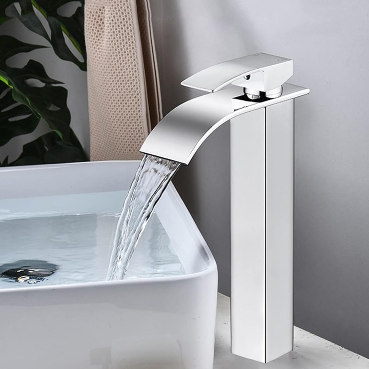 Смесител за мивка за баня, тип водопад, едноръкохватков, минималистичен дизайн, включени връзки, неръждаема стомана, здрав и издръжлив, устойчив на ръжда и корозия, лесен за инсталиране, SMARTGADGETS C&A, сребрист, 30 CM