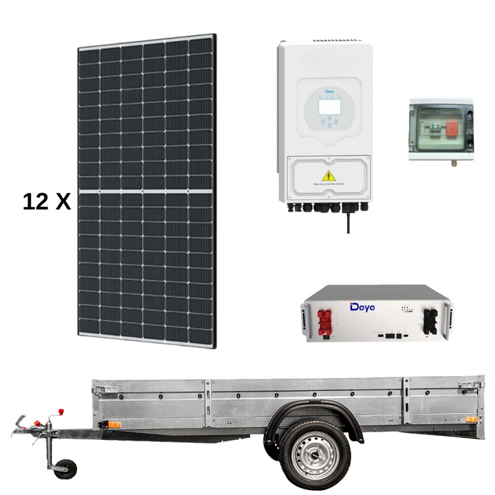 Remorca solara generator fotovoltaic mobil off-grid, 12 x panouri Canadian Solar 455W/460W, 1 x Inverter Deye 6 kw, stocare 5.12 kw LiFePO4, panouri solare monocristaline