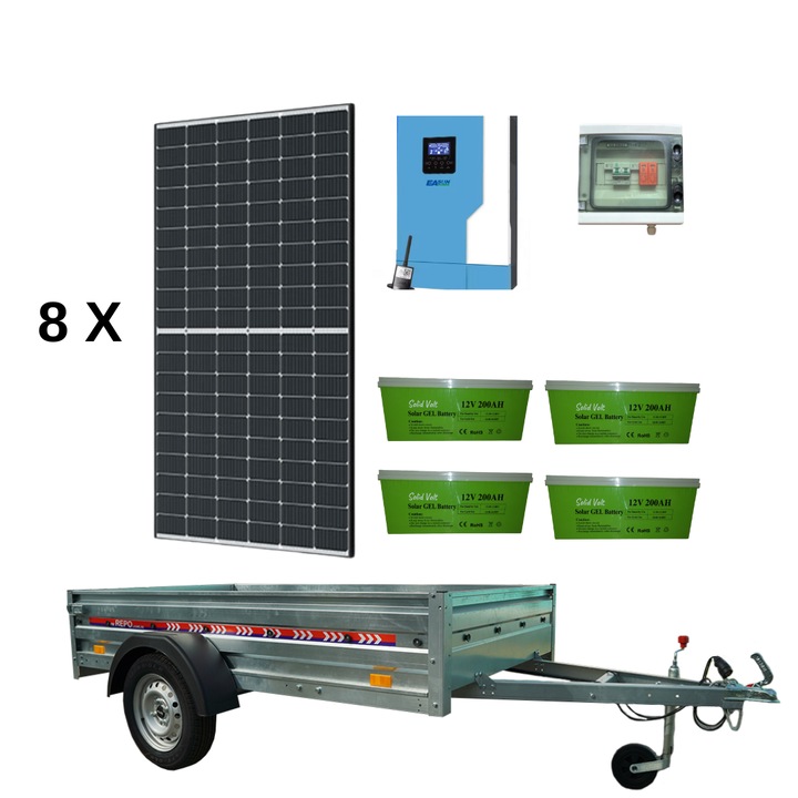 Remorca solara generator fotovoltaic mobil off-grid, 8 x panouri Canadian Solar 455W/460W, 1 x Inverter EASUN 5.5 kw, stocare 4 x 200Ah GEL SOLAR, panouri solare monocristaline