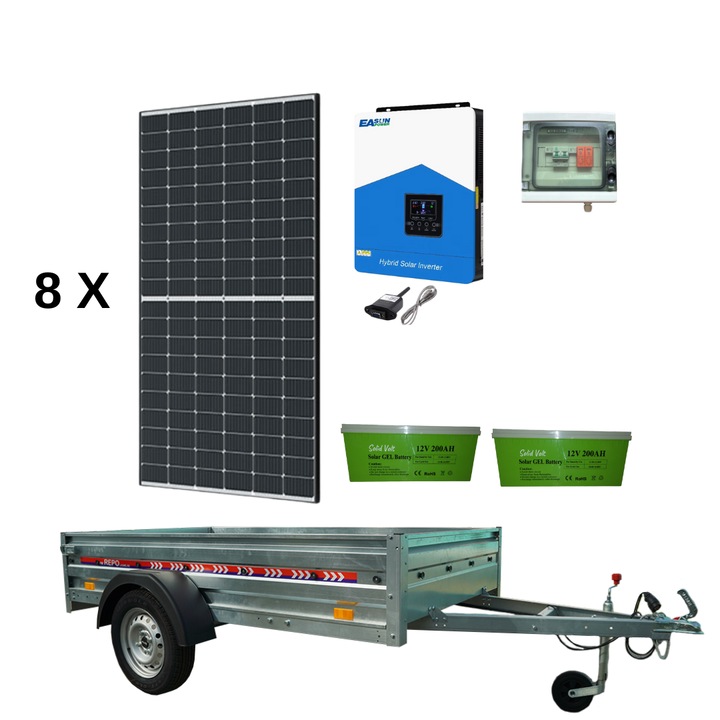 Remorca solara generator fotovoltaic mobil off-grid, 8 x panouri Canadian Solar 455W/460W, 1 x Inverter EASUN 4kw, stocare 2 x 200Ah GEL SOLAR, panouri solare monocristaline