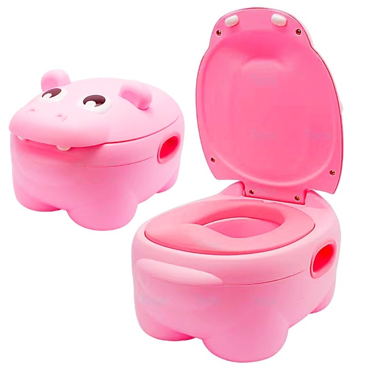 Бебешко гърне, деца, удобен дизайн, преносимо, нехлъзгащо се, подвижно, лесно за почистване, розов хипопотам, Teox