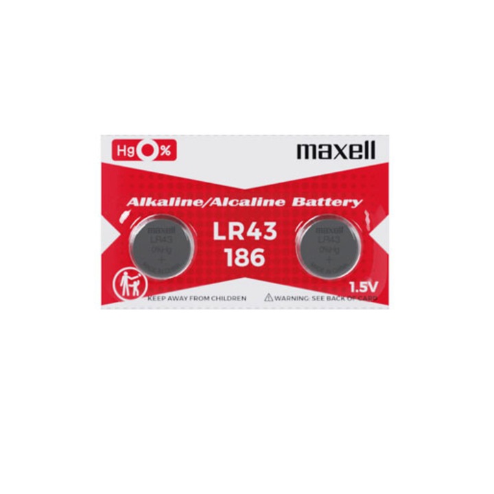 Set 2 baterii alcaline Maxell LR43 / AG12 (186), 1.5V, diametru 11.6mm, grosime 4.2mm, medium drain, in blister