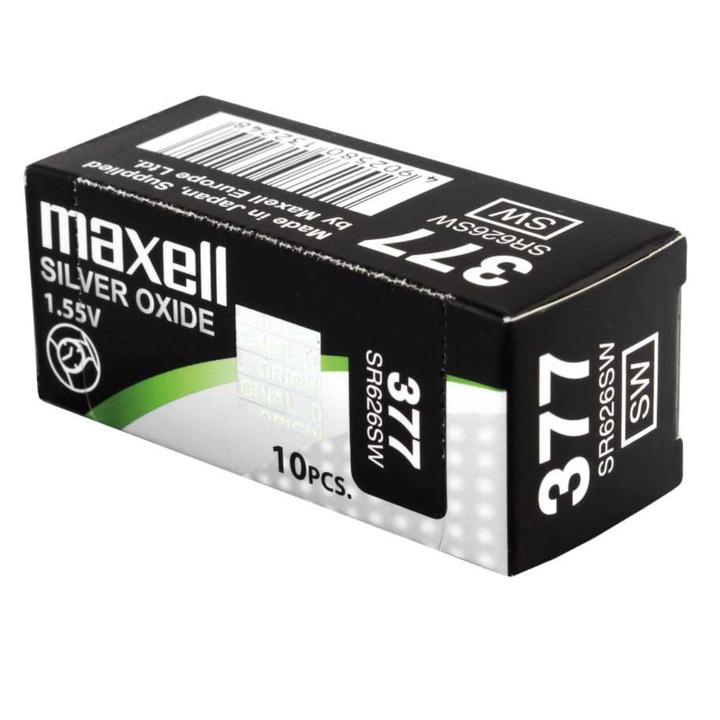 Set 10 baterii de ceas tip buton, Maxell SR626SW (377) AG4, 1.55V, 6.8mm diametru x 2.6mm inaltime, capacitate 30 mAh, low drain, oxid de argint, in blistere AG4