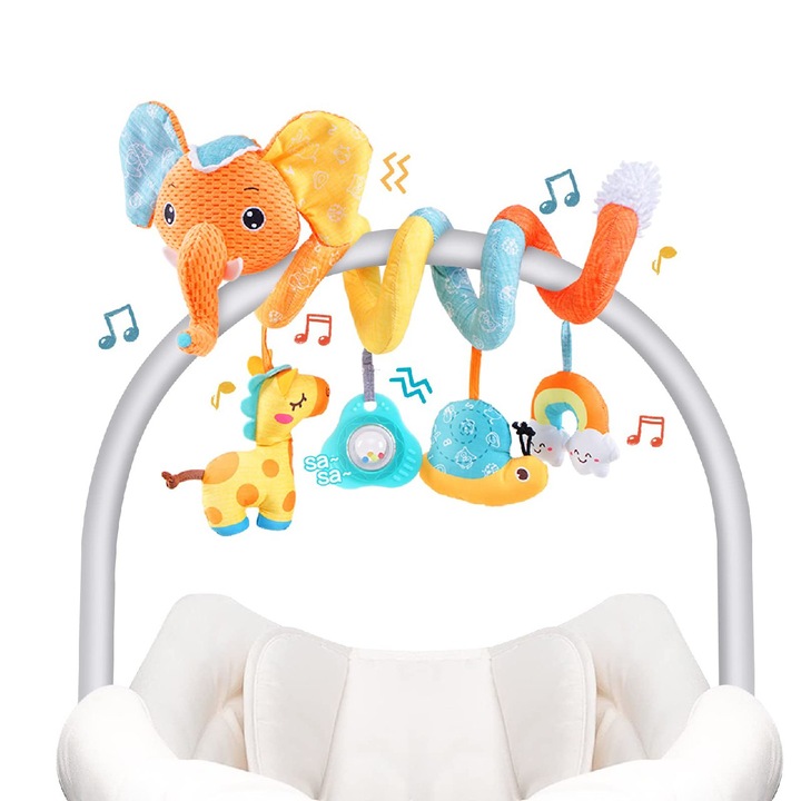 Jucarie spirala pentru carucior si patut, Stnqtsrv, set cu 4 accesorii, animale jucause, cu Jucarii, Cutiuta Muzicala, Interactiva, Fara BPA, culori vibrante, pentru bebelusi 0-12 luni