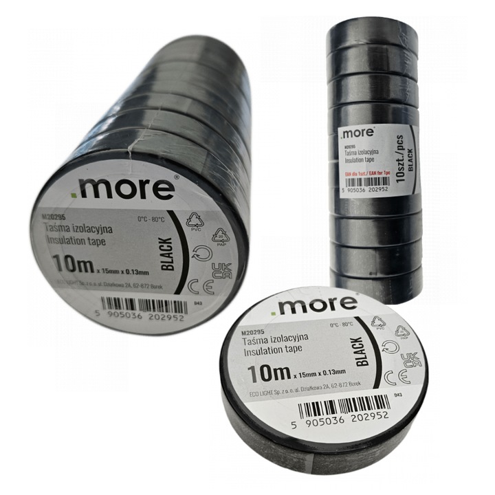 Set 10 benzi adezive electroizolante PVC, Ecolight, 13mm x 10m, negru