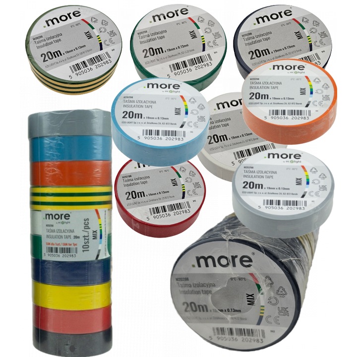 Set 10 benzi adezive electroizolante PVC 19mm x 20m, culori mix, ECOLIGHT
