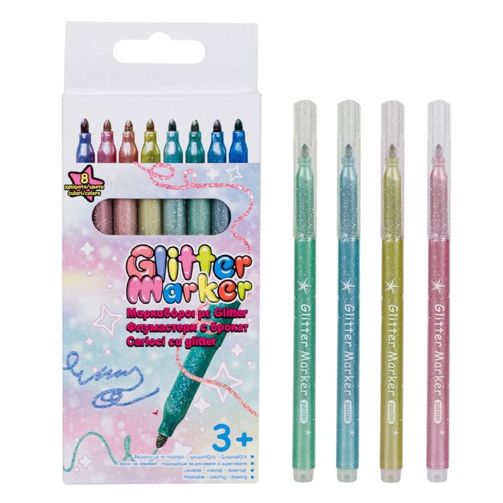 Set Carioci Subtiri Cu Glitter De Durata 8 Bucati Cu Sclipici Stralucitor Pentru Desen Felicitari Scoala