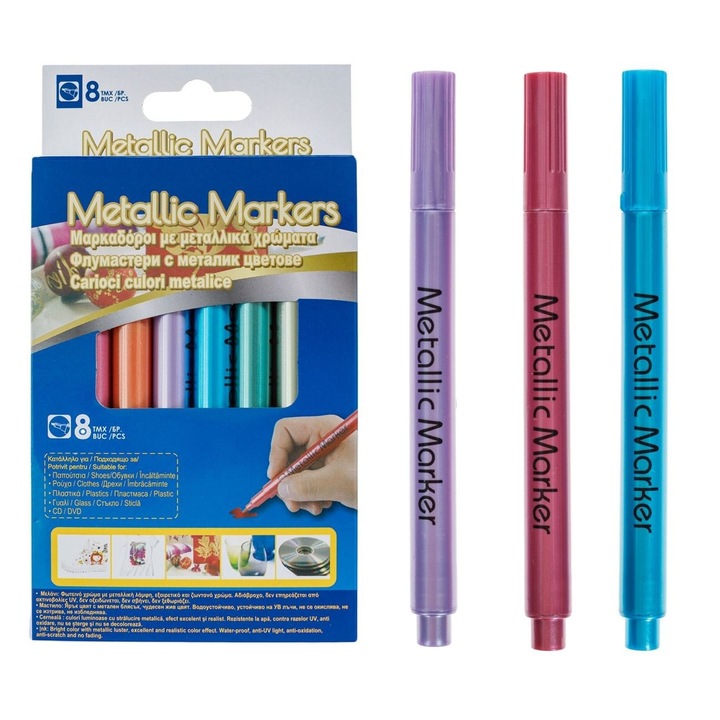 Set Carioci Subtiri Culori Metalizate De Durata 8 Bucati 14cm Cerneala Rezistenta Pentru Haine Pantofi Plastic Sticla CD