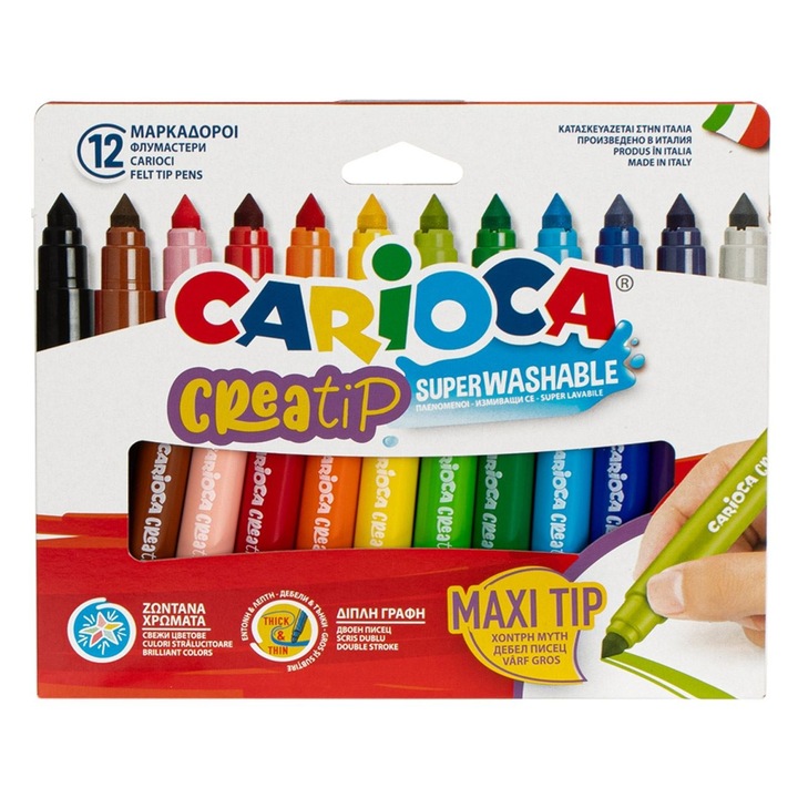 Set Carioci Lavabile Cu Varf Gros 12 Bucati Culori Diverse Nontoxice Cu Capac Ventilat Pentru Scoala Desen