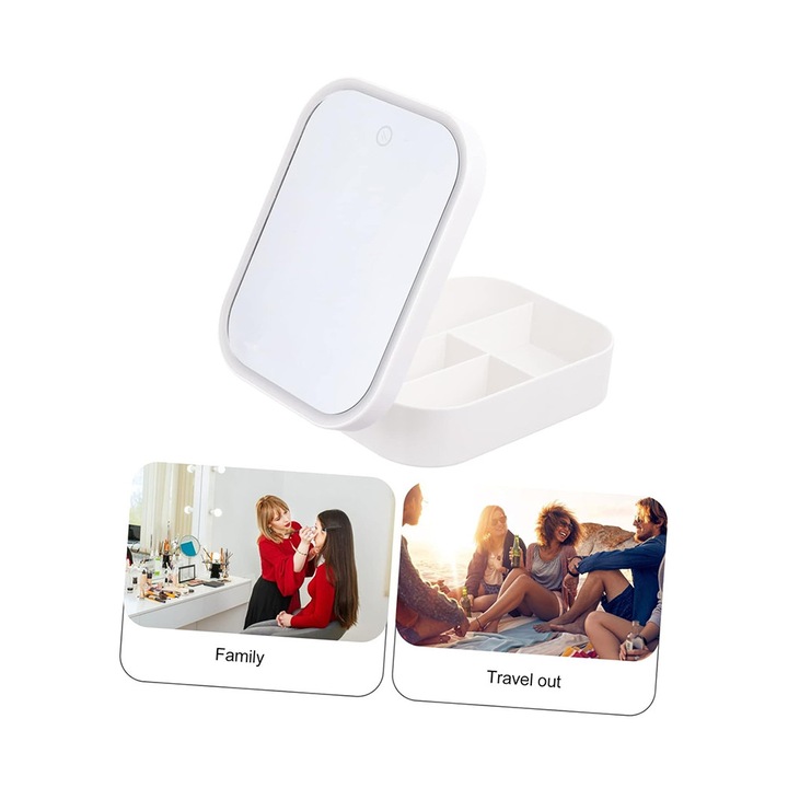 Portfard cosmetice cu oglinda led, 3 modele de lumina, Incarcare usb, baterie 1200 mah, compartimentat, imitatie piele, alb, 16.5x11.5x6 cm
