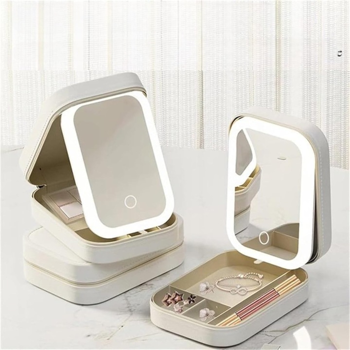 Portfard cosmetice cu oglinda led, 3 modele de lumina, Incarcare usb, baterie 1200 mah, compartimentat, imitatie piele, alb, 16.5x11.5x6 cm