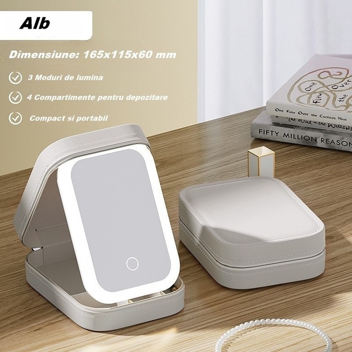 Portfard cosmetice cu oglinda led, 3 modele de lumina, Incarcare usb, baterie 1200 mah, compartimentat, imitatie piele, alb, 16.5x11.5x6 cm