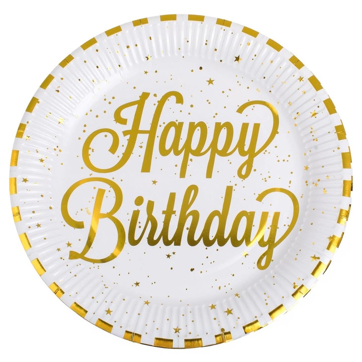 Farfurii de Petrecere din Carton Alb cu Dungi din Folie Aurie Happy Birthday Ø23cm - 12buc