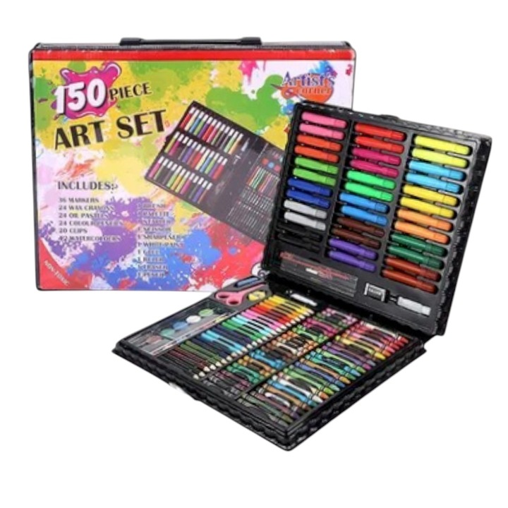 Trusa desen cu maner, Hooppie, 150 piese, creioane colorate si cerate, carioci, acuarele si alte rechizite, multicolor, 34x27x4 cm, 6 ani+