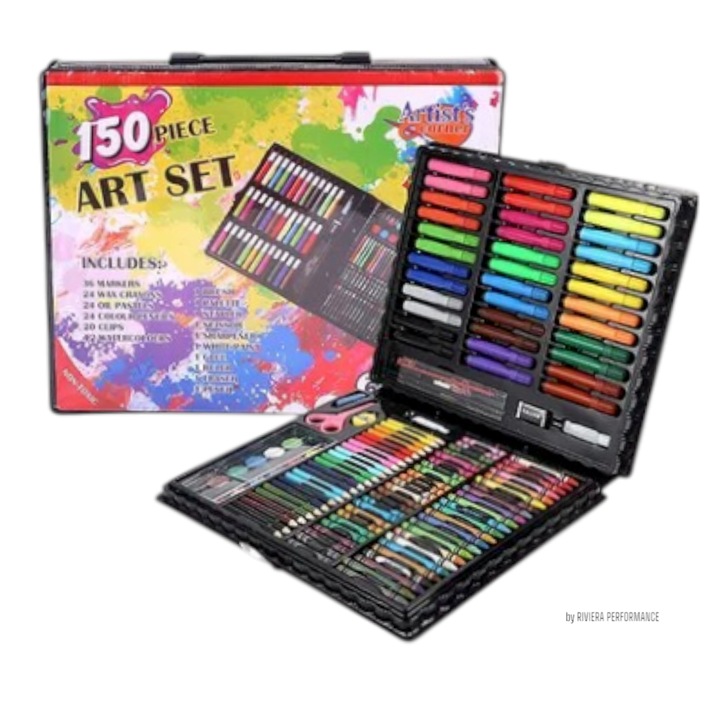 Комплект за рисуване с дръжка, Hooppie, 150 части, цветни и восъчни моливи, маркери, акварели и други консумативи, многоцветен, 34x27x4 см, 6 години+