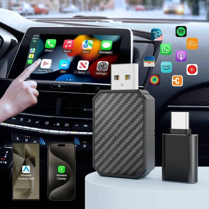 Adaptor auto wireless 2 in 1 iPhone Carplay, BIGLISTENING, pentru Android Auto, conexiune BT si WiFi, 5GHz, negru, ﻿