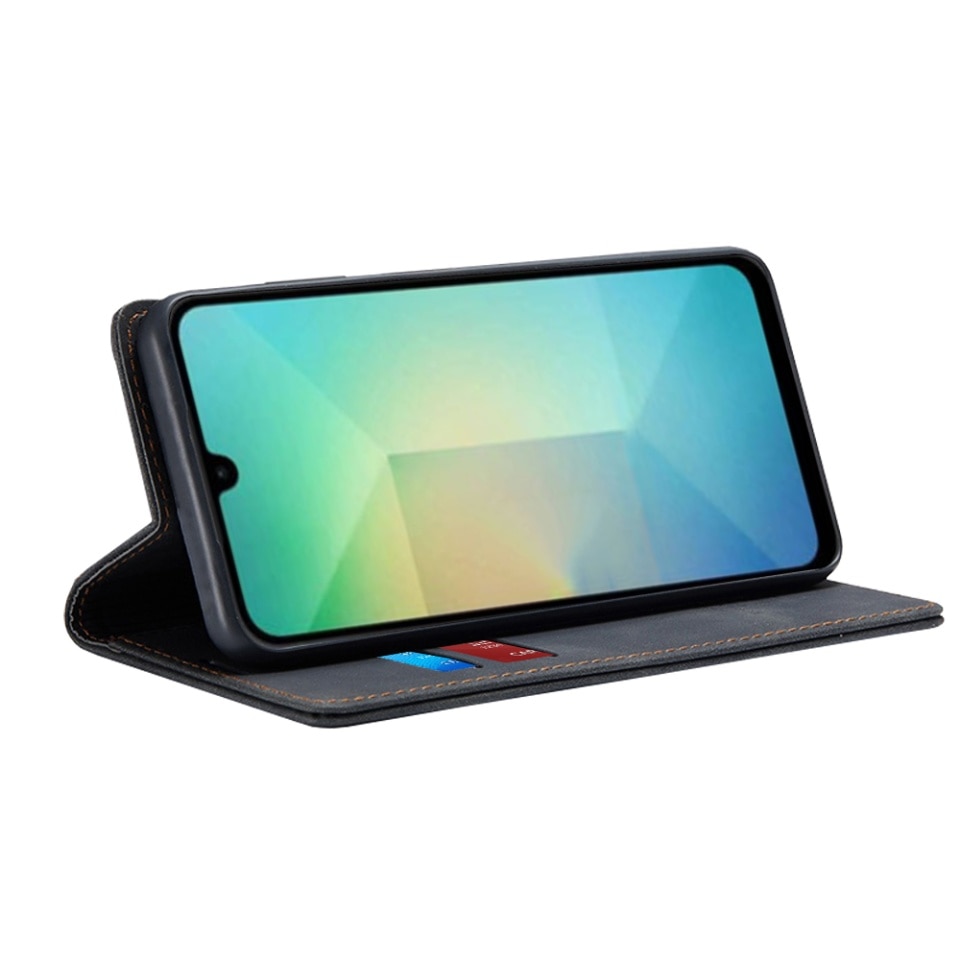 Husa pentru Samsung Galaxy A06, SKYDDAR INNOVATION, Soft Wallet, tip Carte din piele Eco Premium, cu Portofel Interior, Negru, set cu sticker