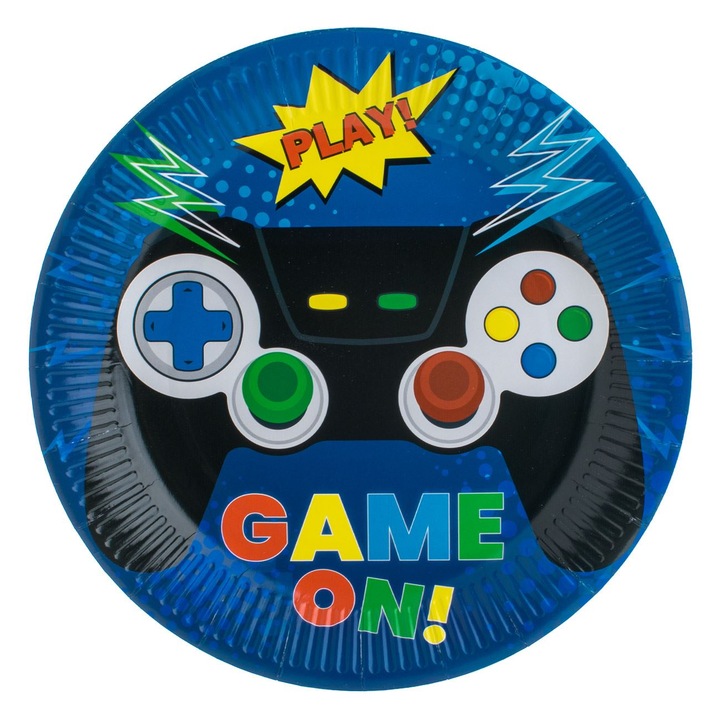 Kék színű partitányérok Game On Control mintával Ø23cm - 6 db