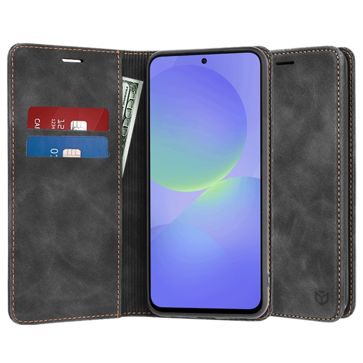 Husa pentru Samsung Galaxy A36 5G, SKYDDAR INNOVATION, Soft Wallet, tip Carte din piele Eco Premium, cu Portofel Interior, Negru, set cu sticker