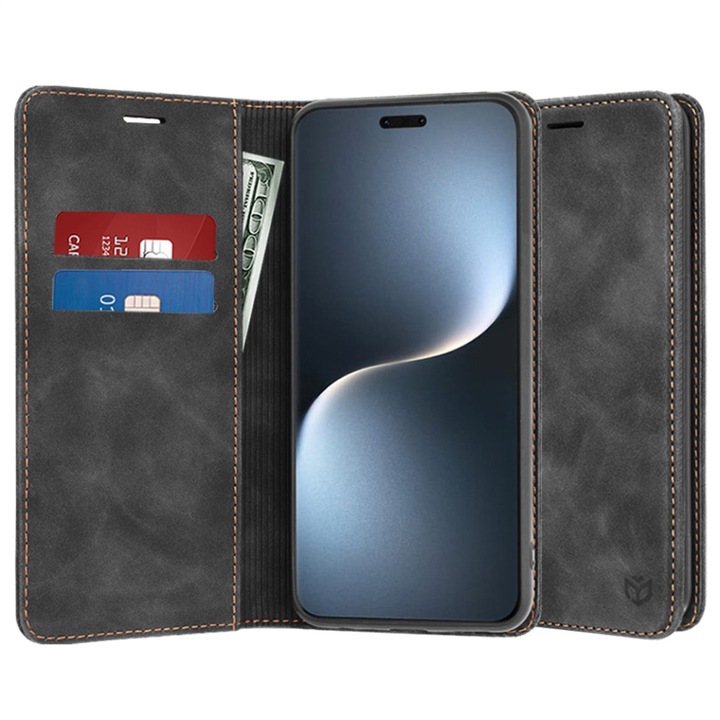 Husa pentru Honor Magic7 Pro, SKYDDAR INNOVATION, Soft Wallet, tip Carte din piele Eco Premium, cu Portofel Interior, Negru, set cu sticker