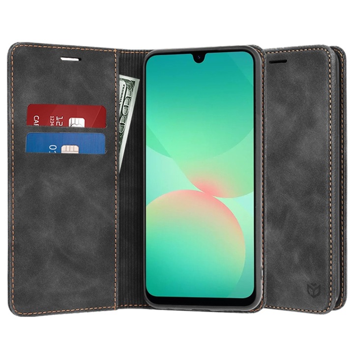 Husa pentru Samsung Galaxy A26 5G, SKYDDAR INNOVATION, Soft Wallet, tip Carte din piele Eco Premium, cu Portofel Interior, Negru, set cu sticker