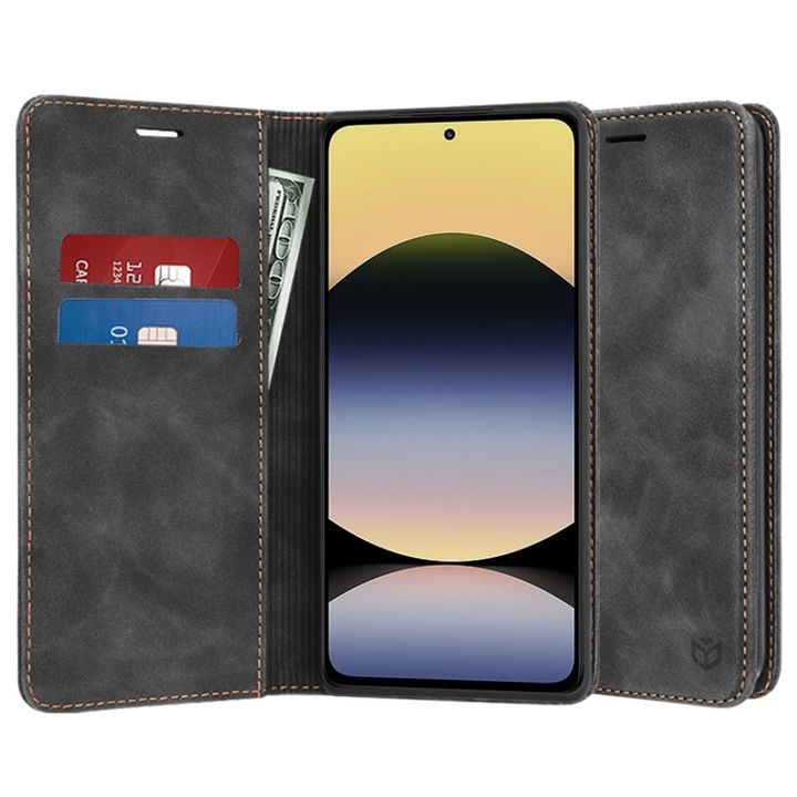 Husa pentru Xiaomi Redmi Note 14 4G (163.25 x 76.55 x 8.16mm), SKYDDAR INNOVATION, Soft Wallet, tip Carte din piele Eco Premium, cu Portofel Interior, Negru, set cu sticker