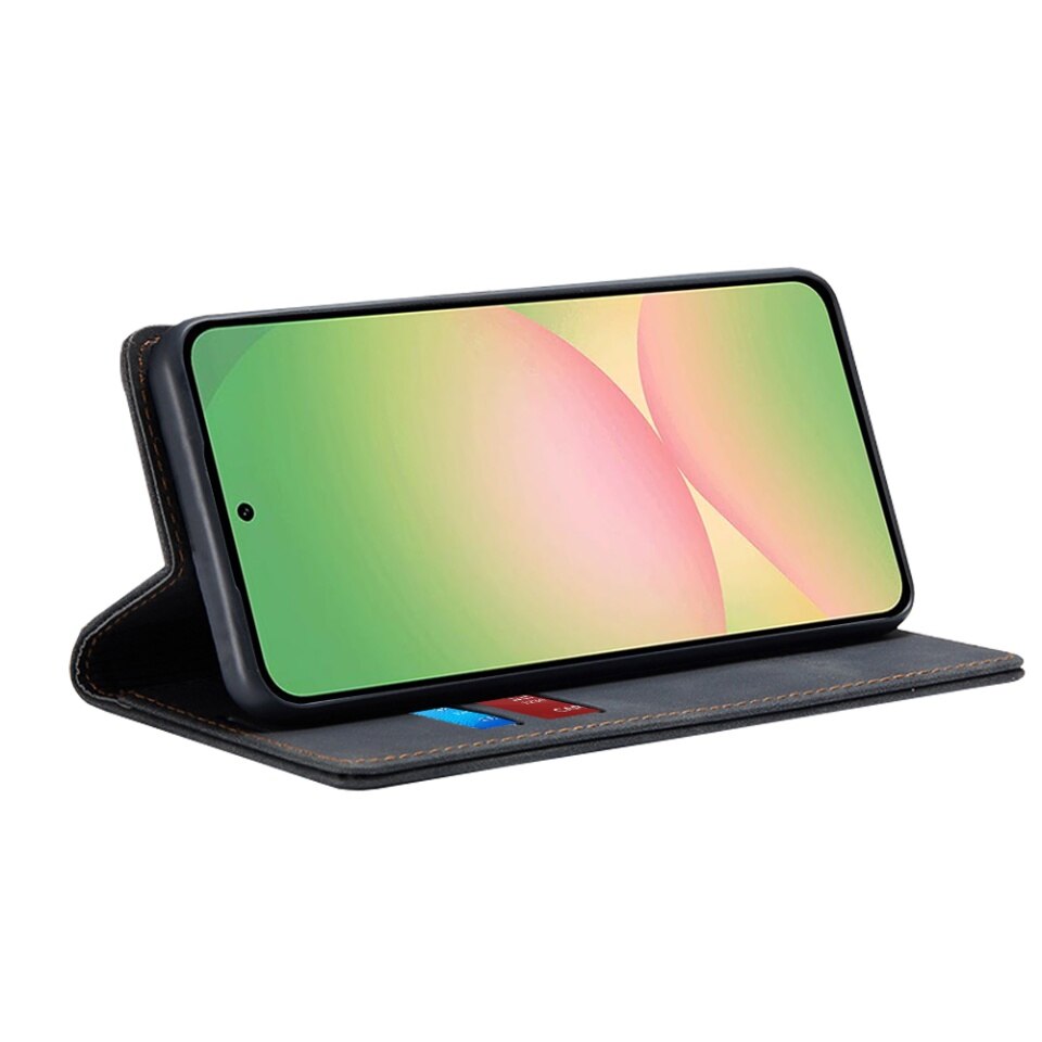 Husa pentru Samsung Galaxy A56 5G, SKYDDAR INNOVATION, Soft Wallet, tip Carte din piele Eco Premium, cu Portofel Interior, Negru, set cu sticker