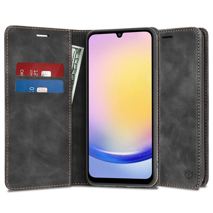 Husa pentru Samsung Galaxy A25 5G, SKYDDAR INNOVATION, Soft Wallet, tip Carte din piele Eco Premium, cu Portofel Interior, Negru, set cu sticker