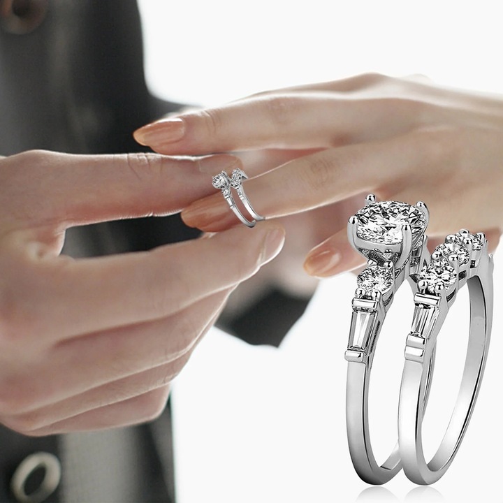 Inel de moda pentru femei, set, argintiu, diamante complete, 2cm