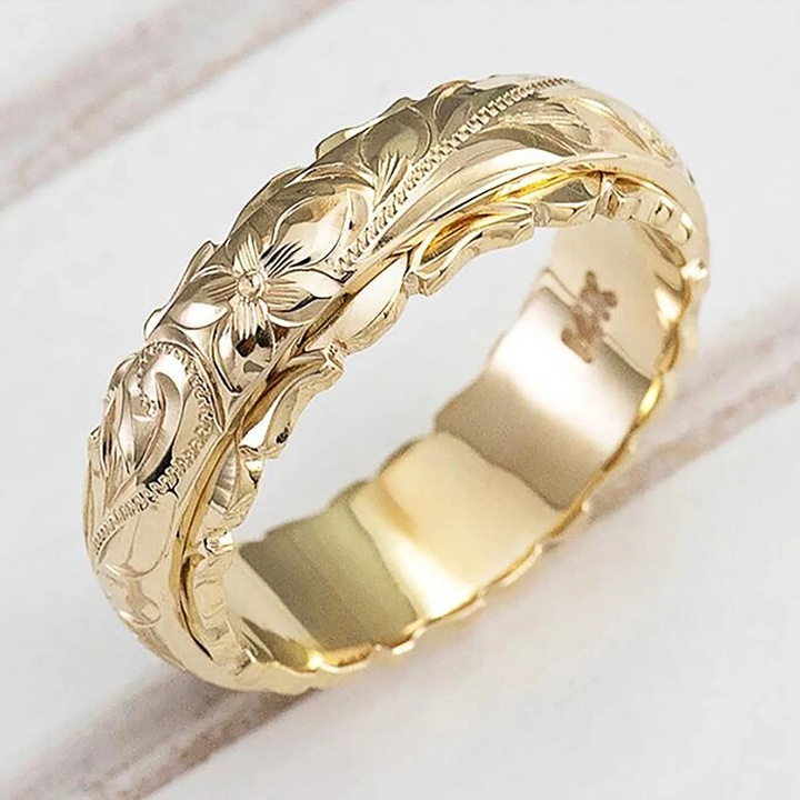 Inel din aliaj metalic auriu 14k cu floare de trandafir sculptata, set pentru femei, dimensiuni 5-11