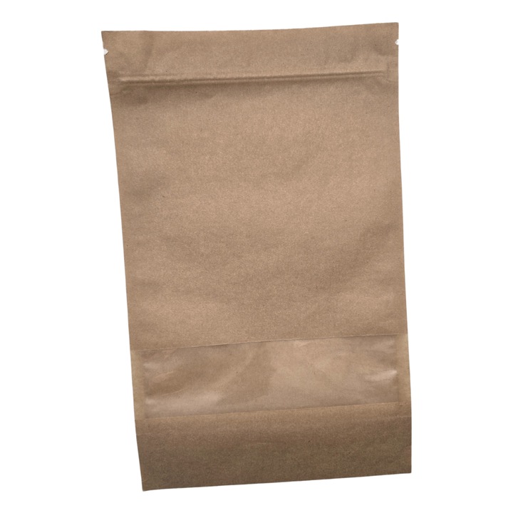 Set 100 Pungi stand-up, hartie kraft, cu fereastra si ziplock, 200x325mm