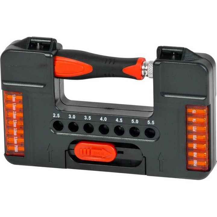 Vegyes csavarhúzó készlet 37 Cr-V bittel, mágneses torx, egyenes, keresztfejű, műanyag szállítódobozban